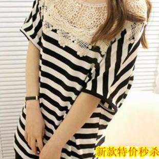  新款加肥加大韩版潮女士蕾丝短袖女夏装t恤宽松拼接条纹上衣