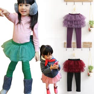  韩版童装冬季女童儿童双层加厚蓬蓬纱裙打底裤假两件打底裤裙