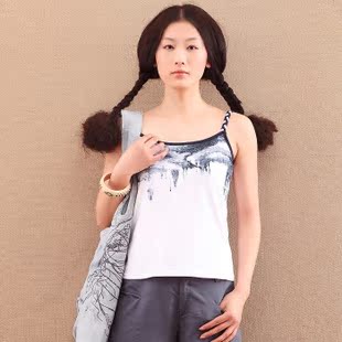  茵曼夏装正品旗舰店茵蔓女装新款 文艺棉麻水墨修身吊带背心
