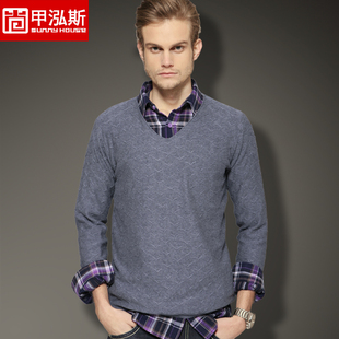  尚甲泓斯 春装新款男毛衣V领纯色韩版纯棉男针织衫潮男士套衫2233