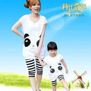  亲子装夏装母女装春装新款短袖熊猫运动套装女童套装儿童衣服