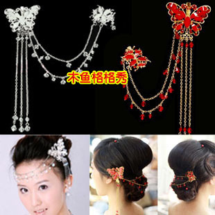  新娘头饰皇冠头花头纱结婚旗袍配饰盘发饰品蝴蝶红色白色边夹额饰