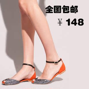  法来雅正品夏新款凉鞋欧美平跟亮片鱼嘴真皮拼接 女大码鞋