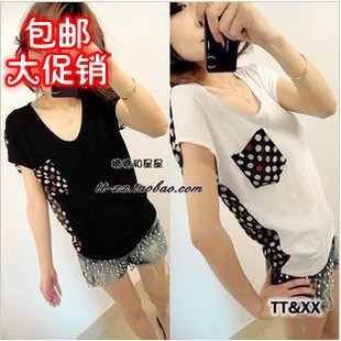  包邮新款夏季韩版女装宽松大码圆点蕾丝拼接 雪纺衫 短袖女T恤