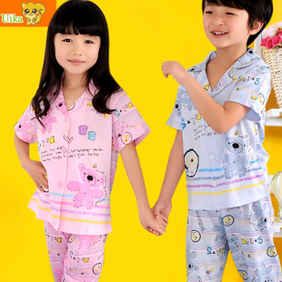  新款儿童睡衣男女童夏 可爱兄妹短袖长裤薄款套装
