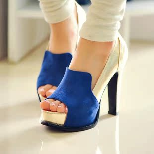  春季新款欧洲站英伦高跟鞋 拼接鱼嘴女鞋粗跟防水台撞色单鞋