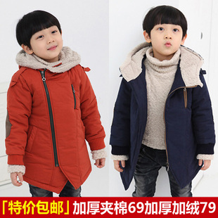  特价包邮新款韩版冬装儿童斜拉链棉袄加厚加羊羔绒棉衣男童女童装