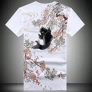  男士夏装新款短袖t恤中国风刺绣鱼植绒印花大码男装短袖t恤潮
