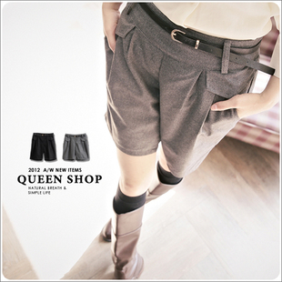  QUEENSHOP 秋冬新品翻盖设计压褶毛呢五分裤附皮带现04070033