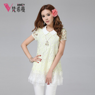 梵希蔓 新款韩版女装夏蕾丝衫短袖长款娃娃领荷叶边衬衫衬衣