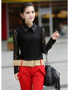  新款秋冬女装韩版衬衫领加大码蕾丝打底衫长袖雪纺蕾丝衫特价