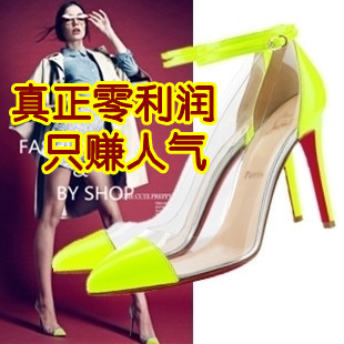  秋夏款韩版热销明星同款荧光色透明撞色女鞋高跟细跟尖头单鞋