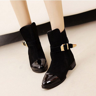  爆款 100%牛皮真皮金属 搭扣女靴 尖头中跟平底 短靴踝靴马丁靴