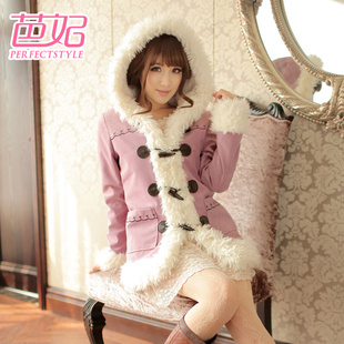  芭妃秋冬新品小清新甜美绣花牛角扣毛毛外套淑女棉衣