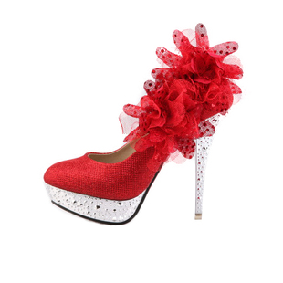  新款新娘鞋水钻单鞋女士高跟韩版公主鞋 红色高跟鞋金色婚鞋