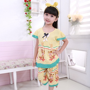  阿拉兜100%纯棉儿童睡衣 夏季凉爽梭织棉女童睡衣 女孩家居服套装