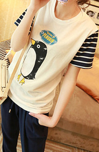  蘑菇街日系夏装衣服韩版可爱卡通短袖t恤条纹拼接女式上衣潮1085