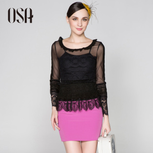  月光魅影OSA春夏新品女装 拼接透视蕾丝修身长袖T恤女T32073