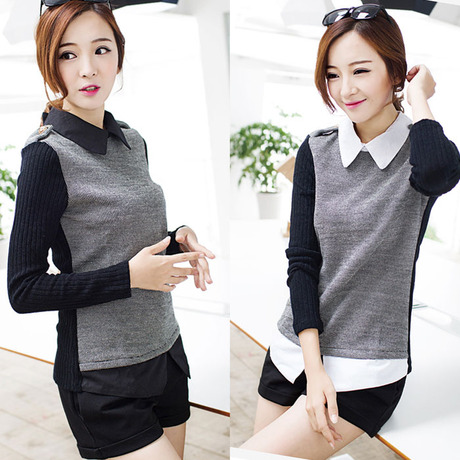 秋冬装<em>假两件套女士</em>寸衫小领子小尖领带领子打
