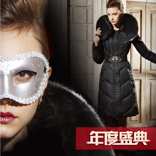  新品中长款大毛领黑色修身连帽加厚羽绒服女正品清仓九霄美狐