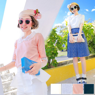  原创女装小维 绣花水溶蕾丝翻领拼接甜美赫本风t恤女短袖修身上衣