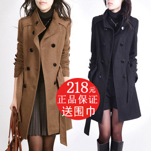  女式风衣 女 秋冬 韩版韩国修身立领外套 女装长款羊绒 毛呢大衣