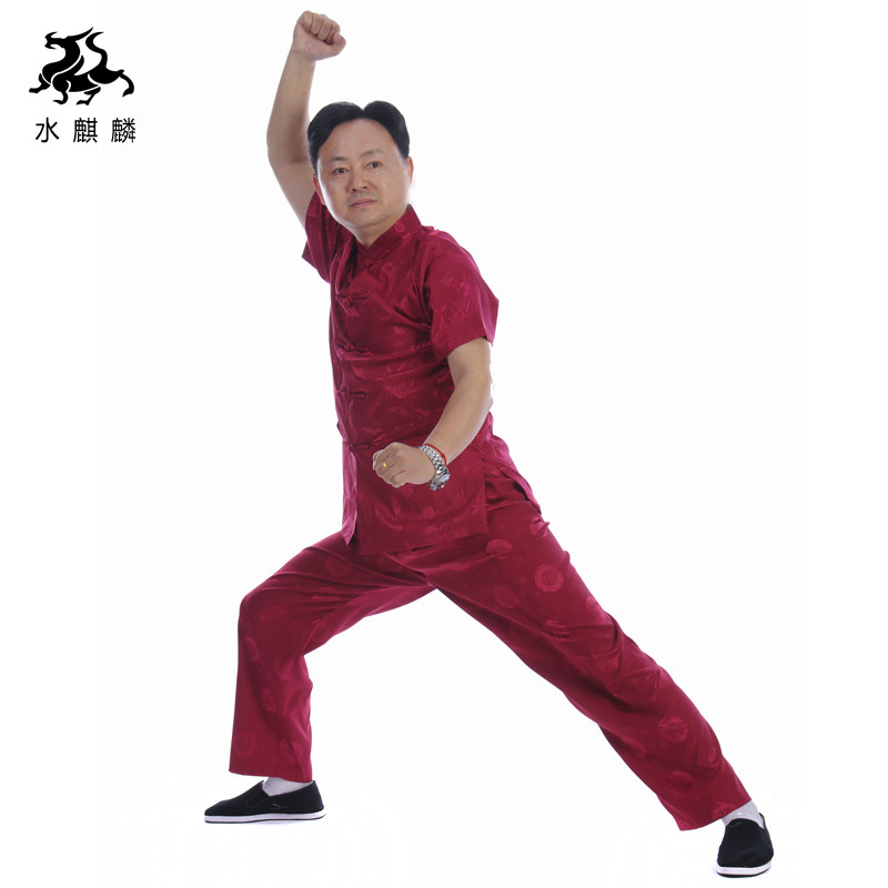 Middle and old aged men clothing suit Dragon silk short sleeve summer sports training clothes for father's day gifts