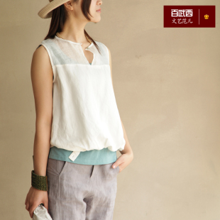  百武西夏季原创文艺衬衫 薄亚麻拼接无袖背心 仙吊带衫 女T1351