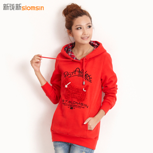  Slomsin春装新款新品牌韩版女装修身带帽抓绒套头卫衣女1