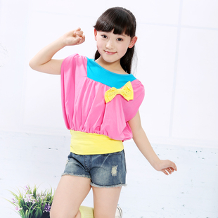  夏装新款 女童韩版短袖T恤 女大童装撞色蝙蝠衫 儿童纯棉体恤