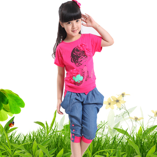  韩版新款女大童夏装儿童时尚两件套上衣+哈伦裤休闲运动套装