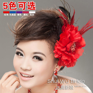  水舞新款 韩国红色网纱羽毛新娘头饰头花结婚发饰婚纱配饰品 蜜语