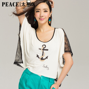  太平鸟女装夏装新款 后背蕾丝拼接T恤 宽松短袖短款圆领女