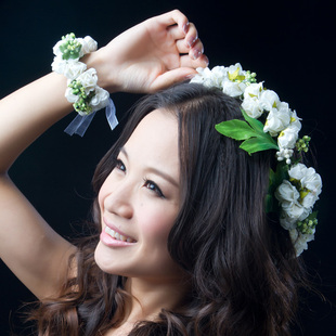  水舞新款 新娘花朵头饰 侯佩岑【明星款】加密丝带花环 手环饰品