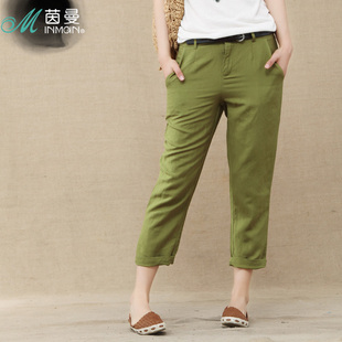  茵曼 夏新款休闲女裤糖果色铅笔裤小脚哈伦七分裤H8310930411
