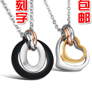  免费可刻字 正品情侣项链一对 爱心水钻 韩版男士女士首饰品 钛钢