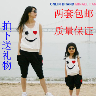  新款韩版笑脸亲子装夏装全家装夏季母女母子装套装一家三口