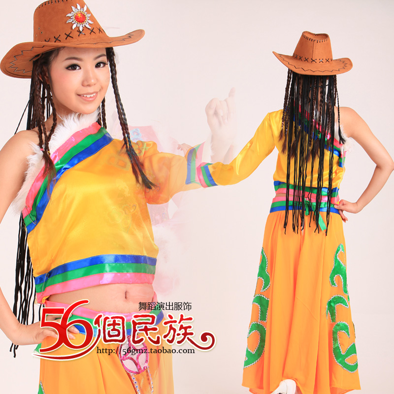 黄色毛边藏族舞蹈演出服装女康定情歌舞蹈表演服饰西藏民族舞蹈服