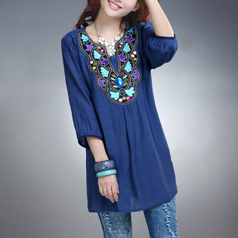 民族风刺绣串珠t恤...