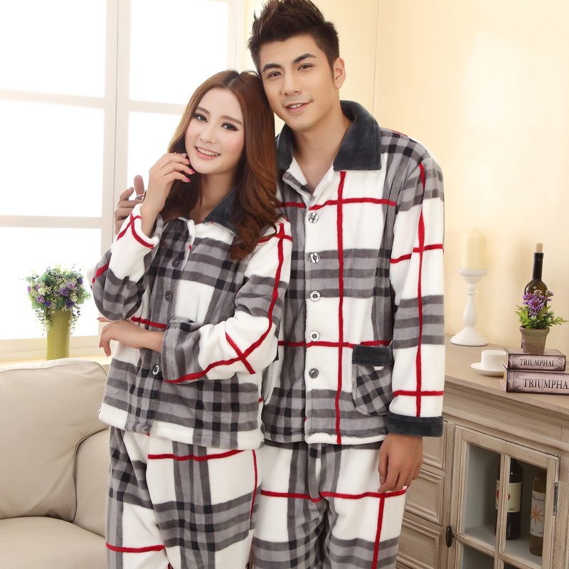 Купить Пижама Пары пижамы с длинными рукавами плед пара пижамы для мужчин и женщин фланель лацкан домашней одежды плюс удобрения для увеличения костюм Teana wine в интернет-магазине с Таобао (Taobao) из Китая,