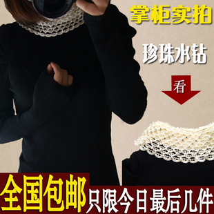  冬装新品 珍珠娃娃领 泡泡袖针织衫 修身韩版加厚毛衣 女式打底衫