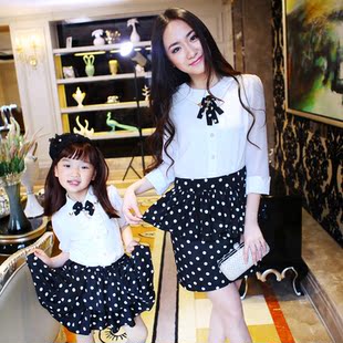  怡贝贝亲子装夏装款 夏季新款韩版米色雪纺波点连衣裙母女装