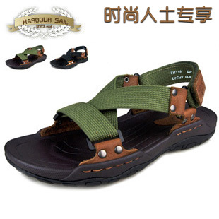  【时尚巅峰】罗马正品潮流套趾沙滩真牛皮帆布软底耐磨凉鞋男