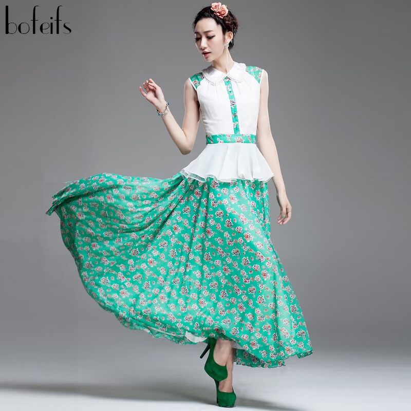 2015夏季 新款欧美范 雪纺时尚碎花拼接长裙大摆 连衣裙 LYQ348