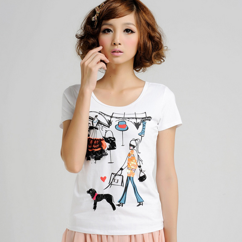 镶钻短袖女T恤圆领...