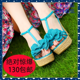  古典风度13夏新款坡跟蝴蝶结舒适复古甜美田园风女凉鞋16207