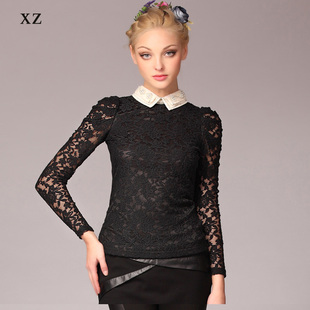  xz复古珍珠领长袖蕾丝打底衫黑色蕾丝衫小衫上衣春装新款