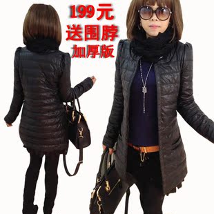  冬装新款女装棉服 中长款加厚PU皮棉衣女 外套女 大码皮棉服