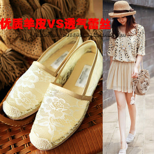  欧美蕾丝鞋女平跟新款网纱单鞋舒适休闲英伦松糕平底浅口女鞋