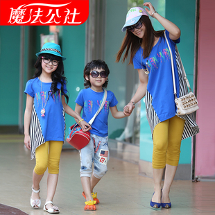  亲子装夏装全家装新款母女装母子装拼接雪纺条纹一家三口T恤
